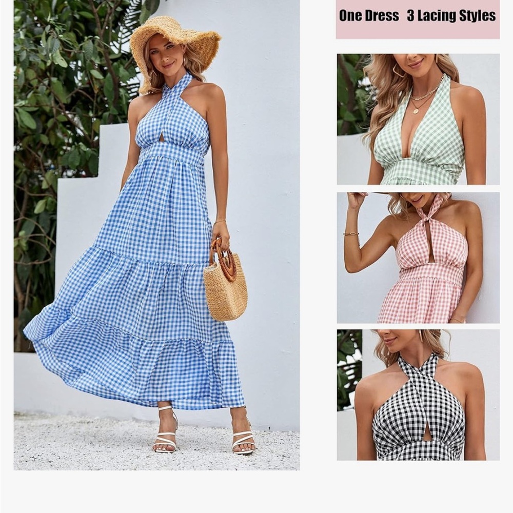 Ecowish Blue and White Gingham Maxi Dress - Picture 2 of 5